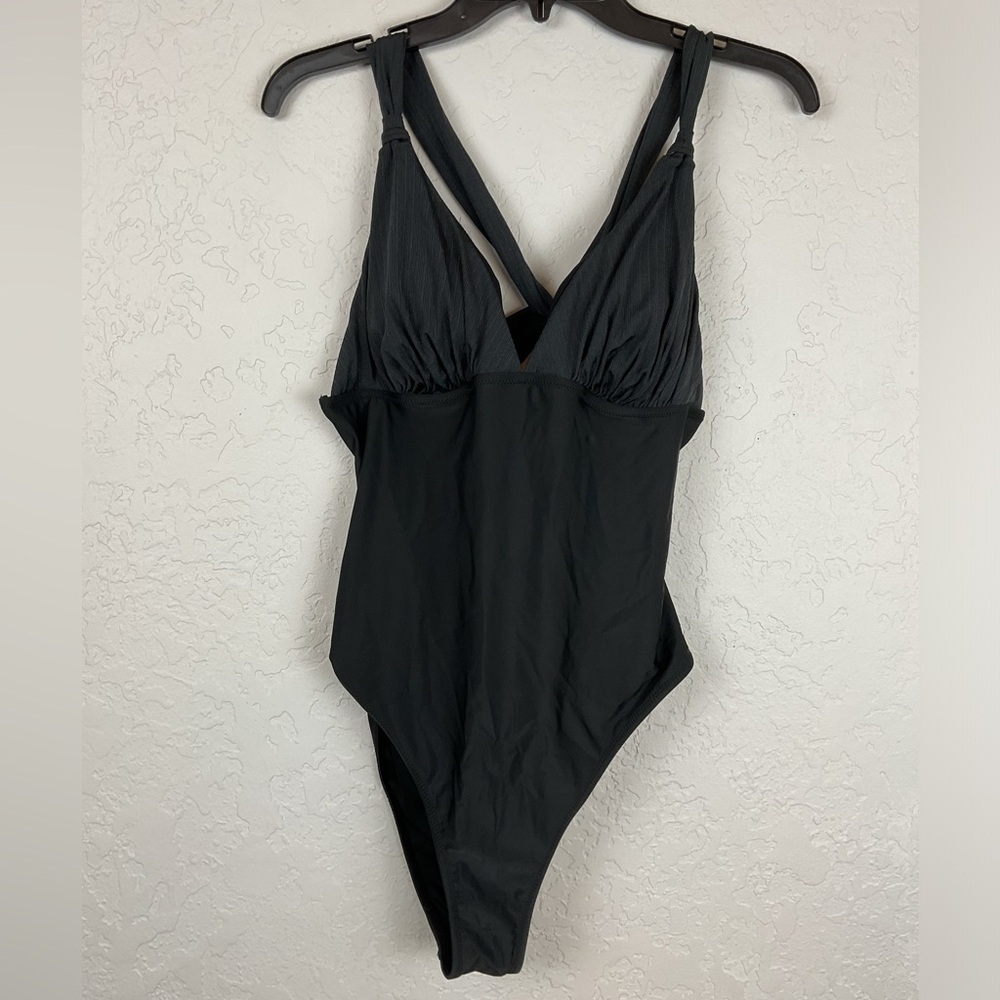 Women’s Black V Neck Criss Cross Backless Rib One Piece Swimsuit Plunge Size XL - Picture 3 of 11